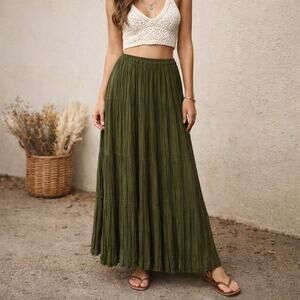 Cactus Flower Olive Green Crinkle Pleated  Elastic Waist Maxi Skirt Sz S